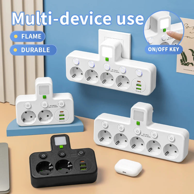 EU Plug Outlet 4 Sockets Multitap Wall Power Strip