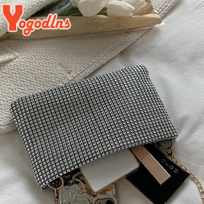 Yogodlns Trend Small Rhinestone Square Bag Metal Chain