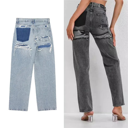 Women Y2K Ripped Baggy Jeans Vintage Solid