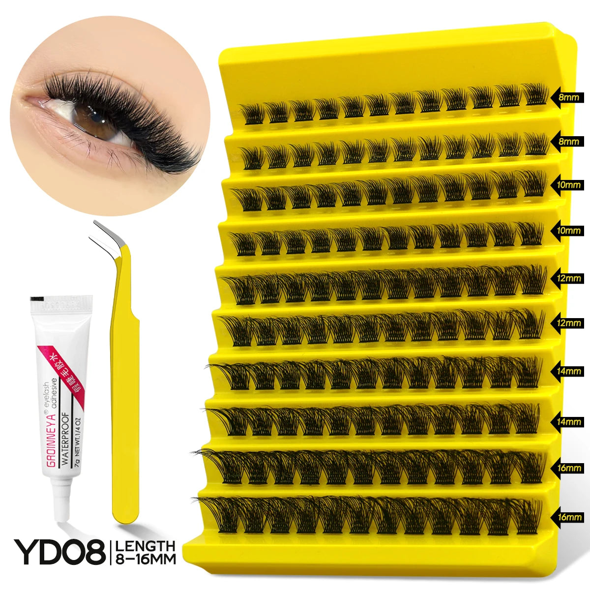 GROINNEYA Lash Clusters Kit With Waterproof Strong Hold DIY Lash Extension