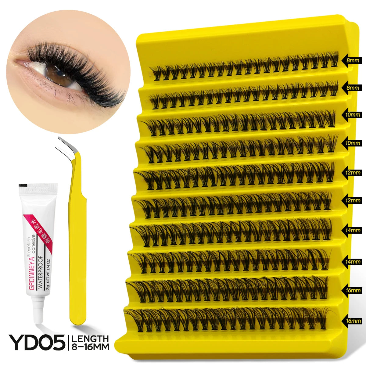 GROINNEYA Lash Clusters Kit With Waterproof Strong Hold DIY Lash Extension