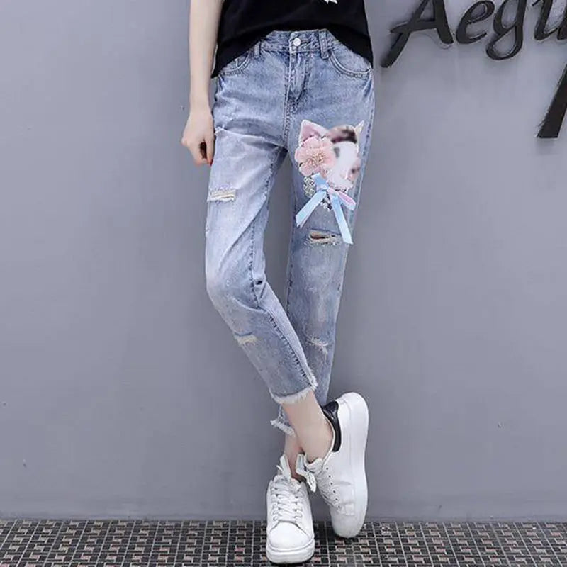 Trousers Womens Jeans and Capris Beading Blue High Waist