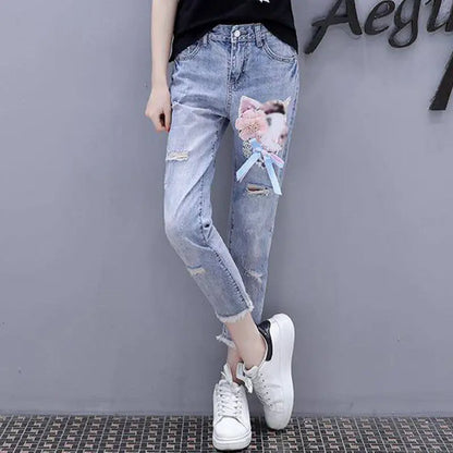 Trousers Womens Jeans and Capris Beading Blue High Waist