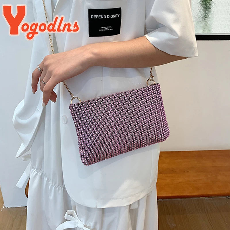 Yogodlns Trend Small Rhinestone Square Bag Metal Chain