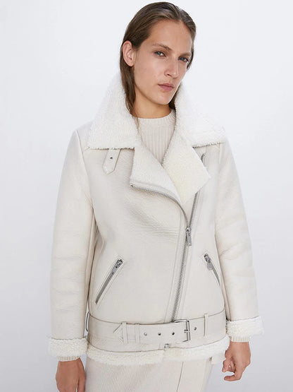 Thick and warm faux leather jacket Coat women's beige