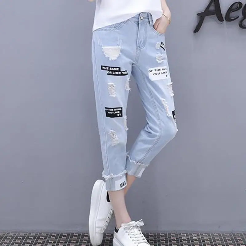 Trousers Womens Jeans and Capris Beading Blue High Waist