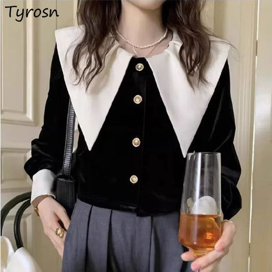 Lapel Shirts Women French Style Elegant Loose Vintage Panelled