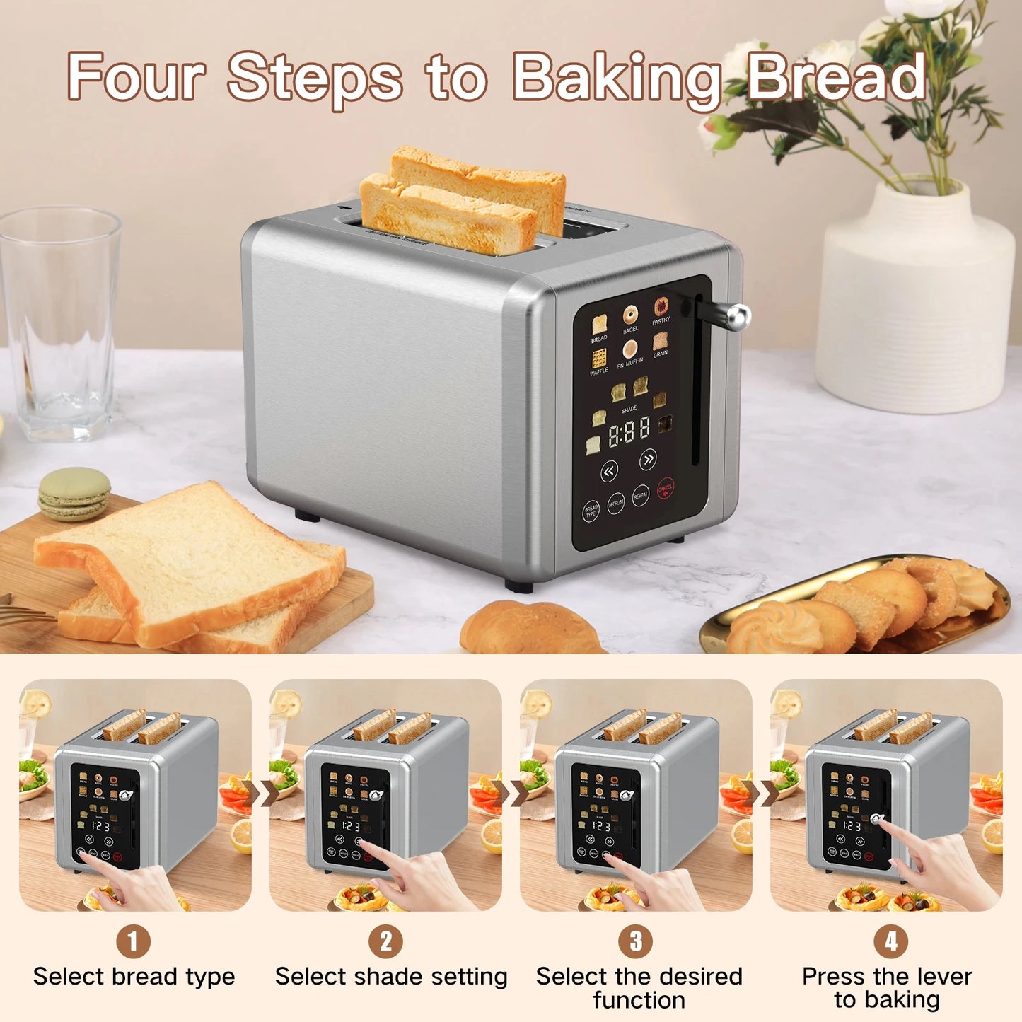 GOOVI EU Stainless Steel Two Slice Toaster Touch Screen