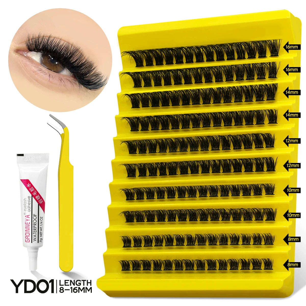 GROINNEYA Lash Clusters Kit With Waterproof Strong Hold DIY Lash Extension