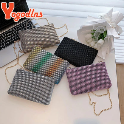 Yogodlns Trend Small Rhinestone Square Bag Metal Chain