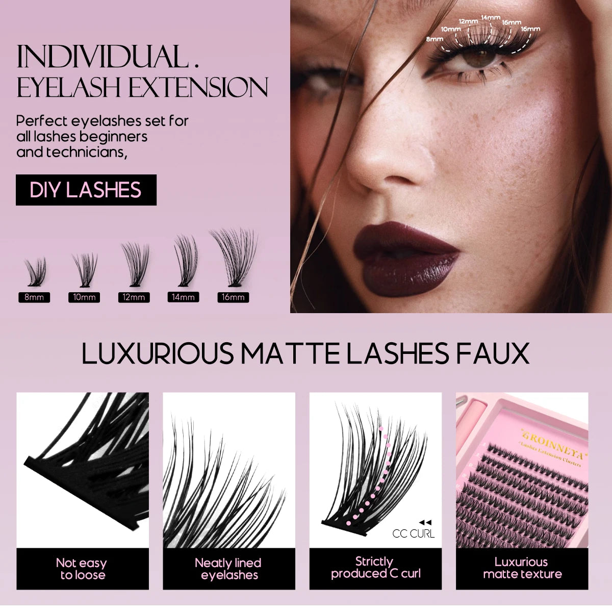 GROINNEYA Lash Clusters Kit With Waterproof Strong Hold DIY Lash Extension