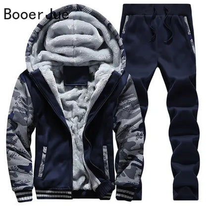 New Winter Tracksuits Men Set Thick Fleece Hoodies+Pants