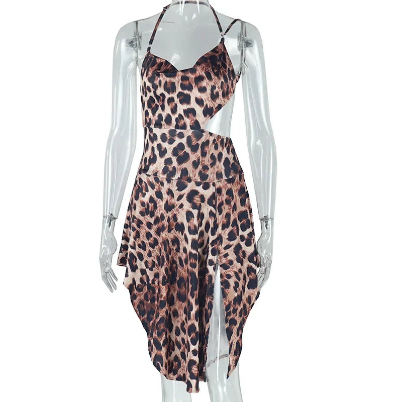 CM.YAYA Women Sexy Leopard Print Sleeveless Halter Backless