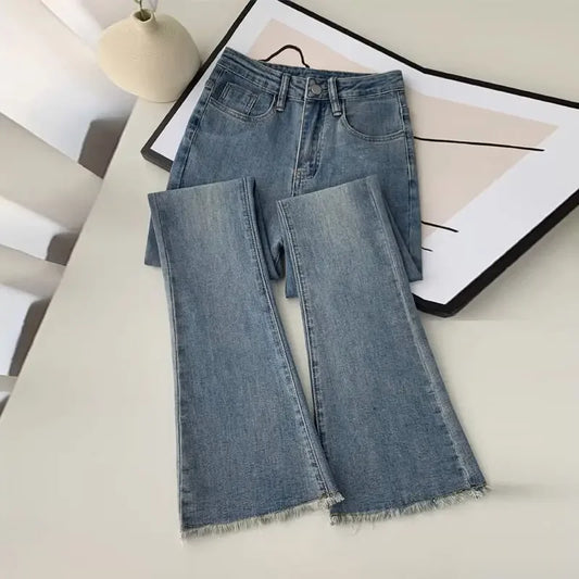 ZVintage HongKong Style Fringe Micro Flared Jeans Women's High