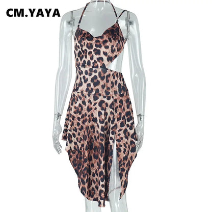 CM.YAYA Women Sexy Leopard Print Sleeveless Halter Backless