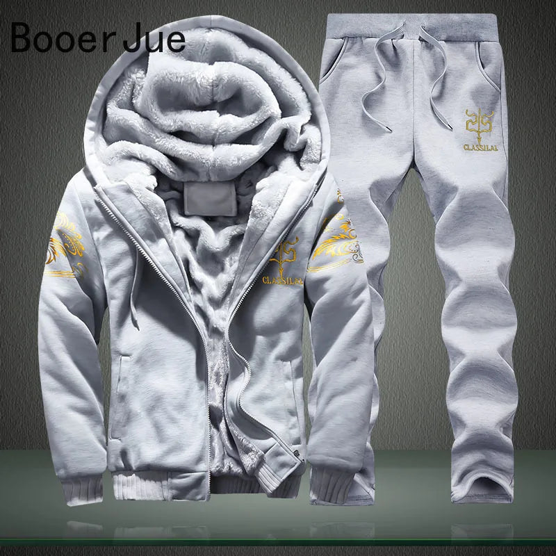 New Winter Tracksuits Men Set Thick Fleece Hoodies+Pants