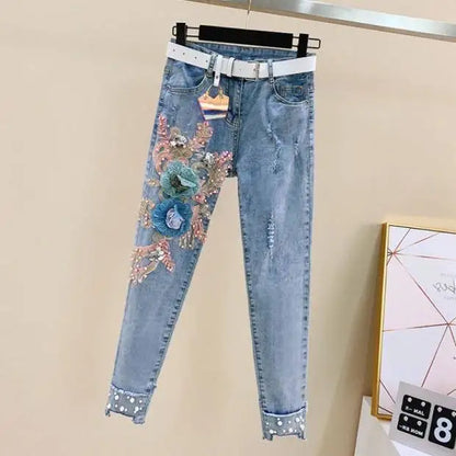 Trousers Womens Jeans and Capris Beading Blue High Waist