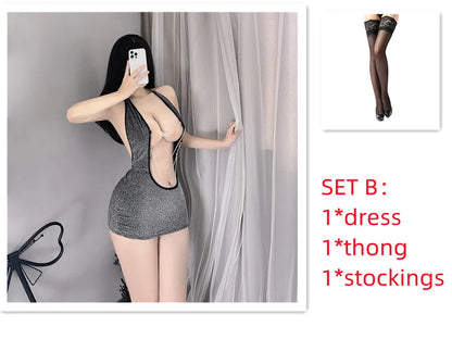 Sexy Office Lady Cosplay Costumes Women Sexy Shiny Chain Lingerie