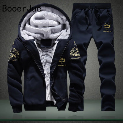 New Winter Tracksuits Men Set Thick Fleece Hoodies+Pants