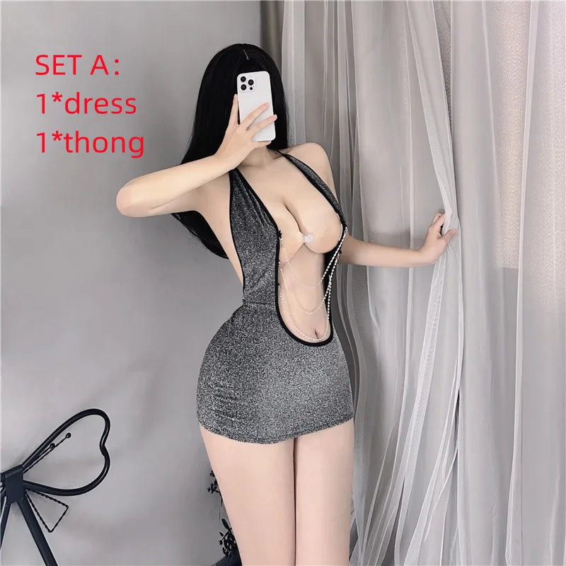 Sexy Office Lady Cosplay Costumes Women Sexy Shiny Chain Lingerie