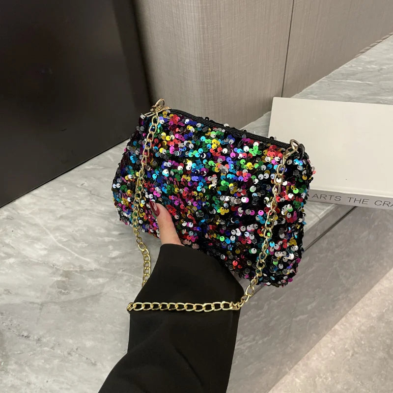 Sequins Crossbody Chain Bag Simple INS Solid Color