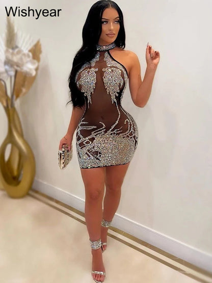 New Hot Rhinestone Mesh Mini Dress