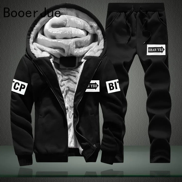 New Winter Tracksuits Men Set Thick Fleece Hoodies+Pants