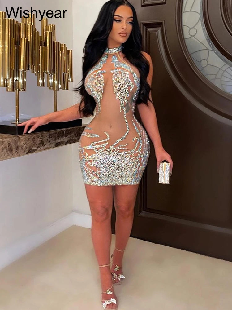 New Hot Rhinestone Mesh Mini Dress