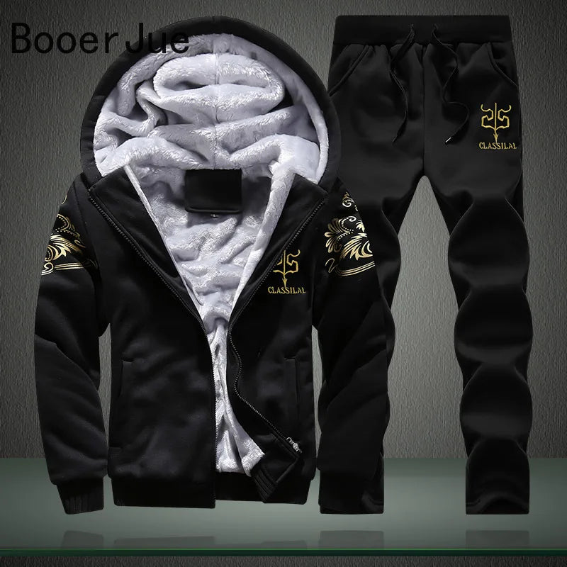 New Winter Tracksuits Men Set Thick Fleece Hoodies+Pants