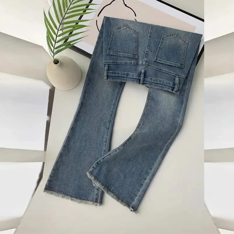 ZVintage HongKong Style Fringe Micro Flared Jeans Women's High