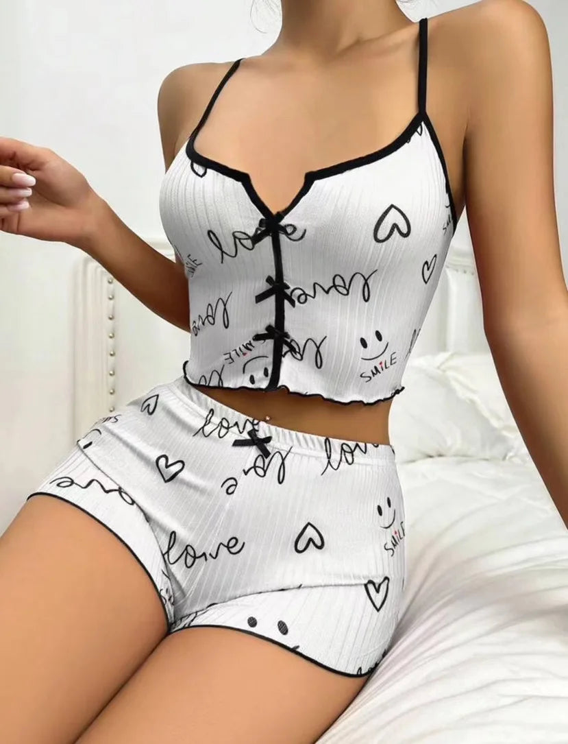 Women's Cute Pajama Set Heart Print Lettuce Trim Bow