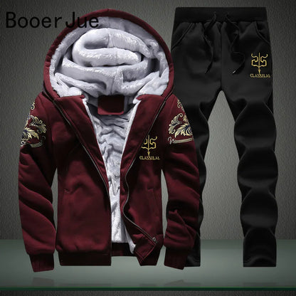 New Winter Tracksuits Men Set Thick Fleece Hoodies+Pants