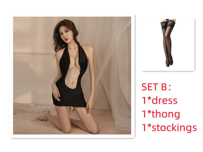 Sexy Office Lady Cosplay Costumes Women Sexy Shiny Chain Lingerie