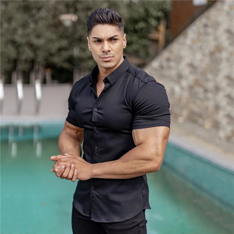 Summer Fashion Super Slim Fit Short Sleeve Shirts Men Classic