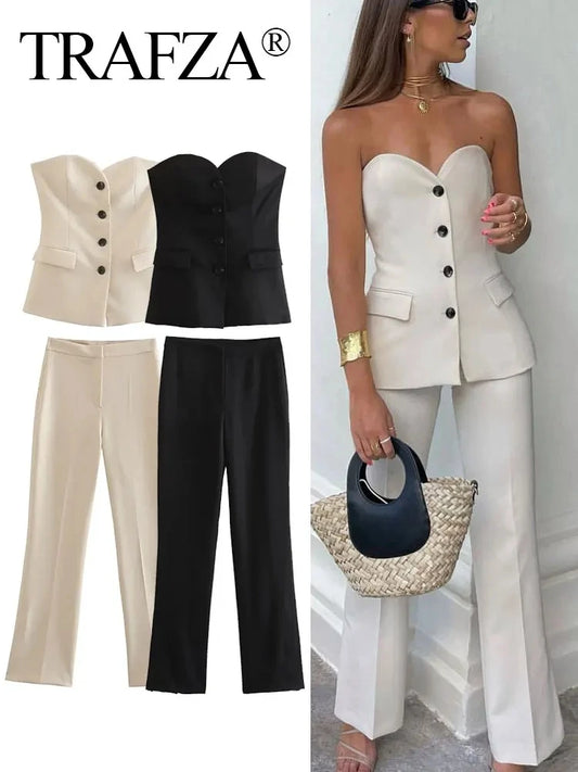 TRAFZA Women Elegant Solid Pant Suit Front Button