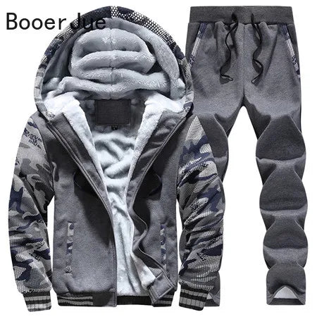 New Winter Tracksuits Men Set Thick Fleece Hoodies+Pants