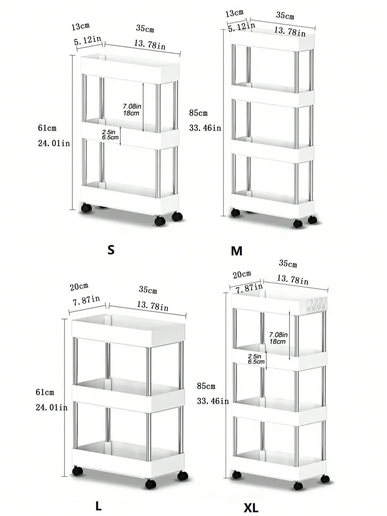 1pcs 3/4 Tier Rolling Utility Cart