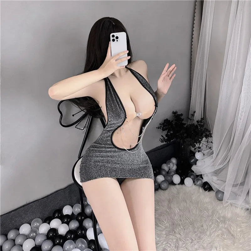 Sexy Office Lady Cosplay Costumes Women Sexy Shiny Chain Lingerie