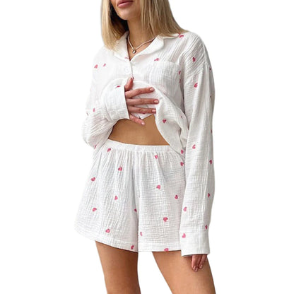 Women 2 Pcs Heart Loungewear Button Down