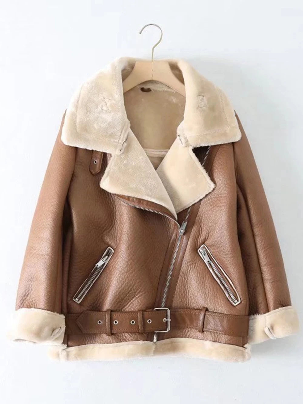 Thick and warm faux leather jacket Coat women's beige