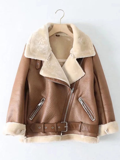 Thick and warm faux leather jacket Coat women's beige