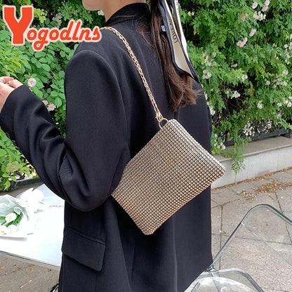 Yogodlns Trend Small Rhinestone Square Bag Metal Chain