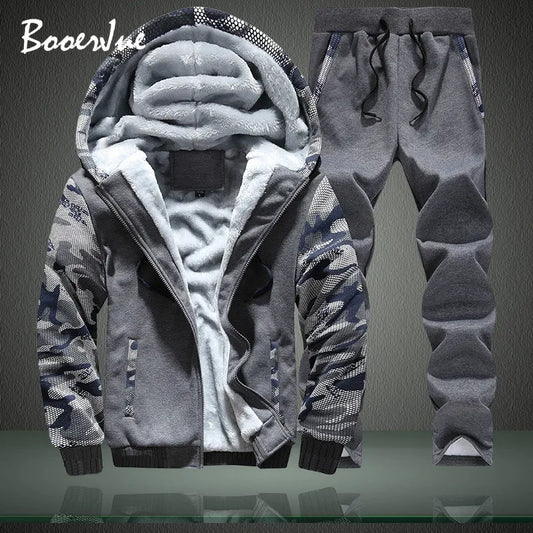 New Winter Tracksuits Men Set Thick Fleece Hoodies+Pants