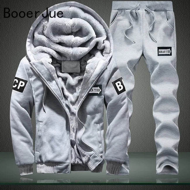 New Winter Tracksuits Men Set Thick Fleece Hoodies+Pants