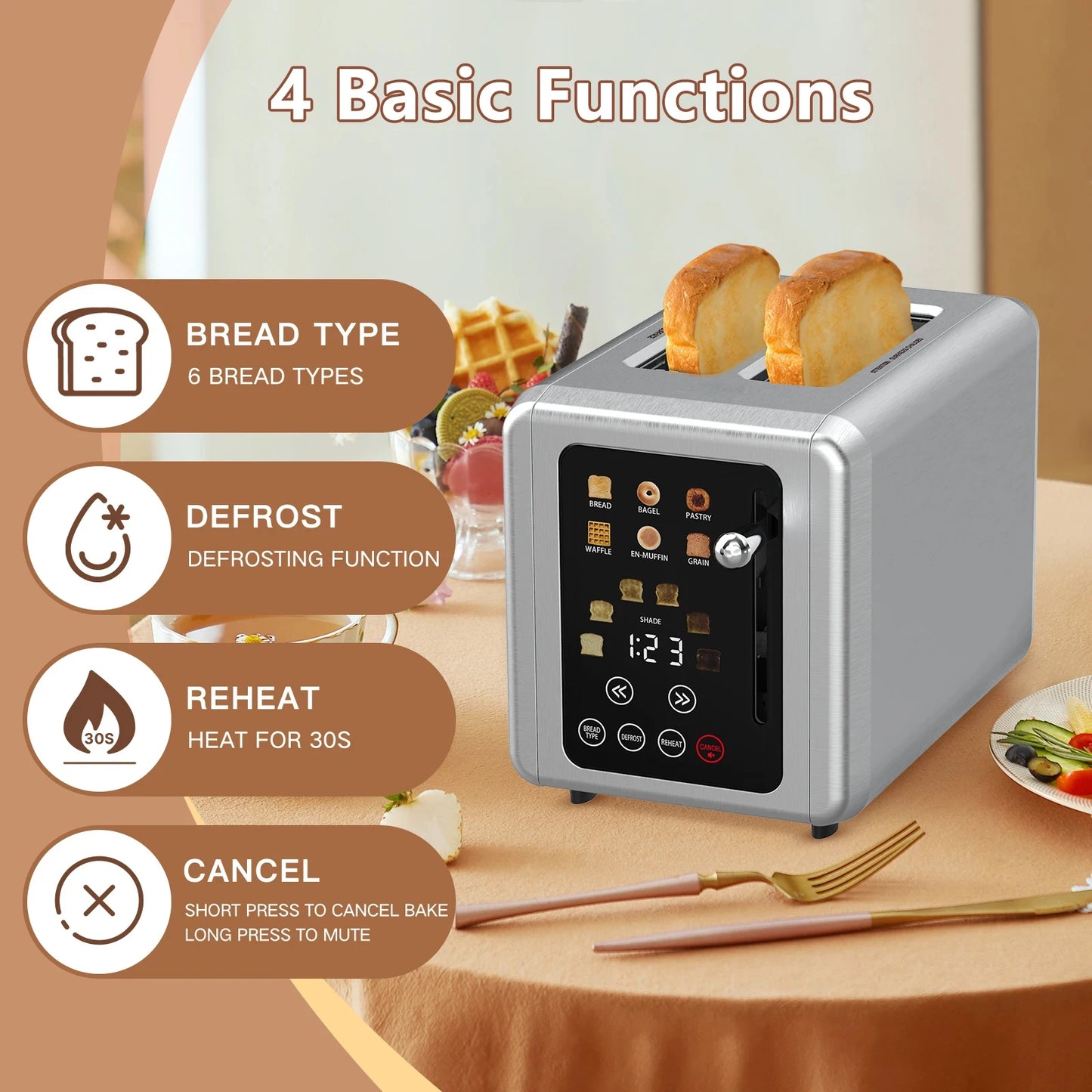 GOOVI EU Stainless Steel Two Slice Toaster Touch Screen