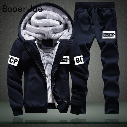 New Winter Tracksuits Men Set Thick Fleece Hoodies+Pants