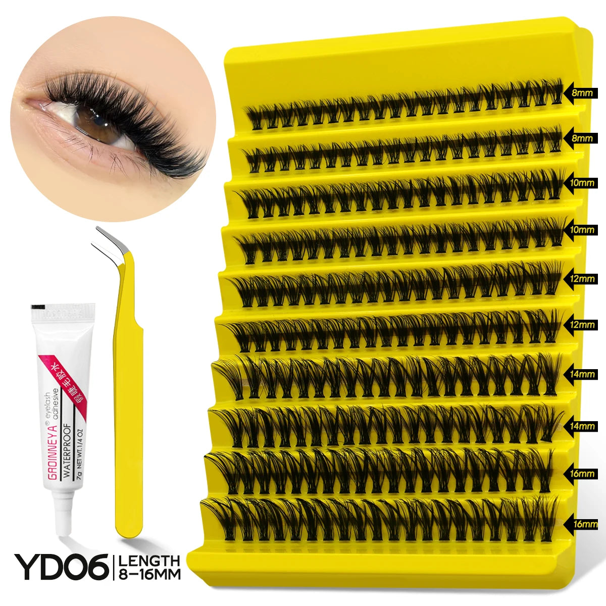 GROINNEYA Lash Clusters Kit With Waterproof Strong Hold DIY Lash Extension