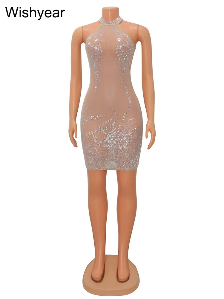 New Hot Rhinestone Mesh Mini Dress