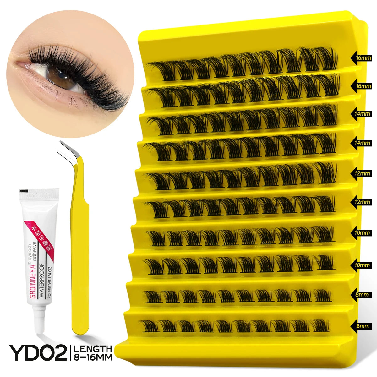 GROINNEYA Lash Clusters Kit With Waterproof Strong Hold DIY Lash Extension